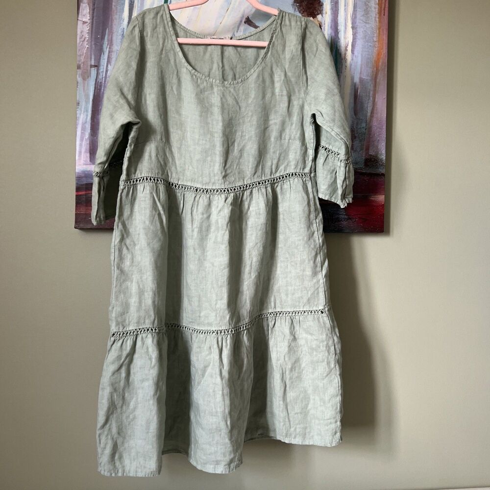Lungo L'arno Green Linen Tiered Coastal Cottage Core Embroidered Dress Small
